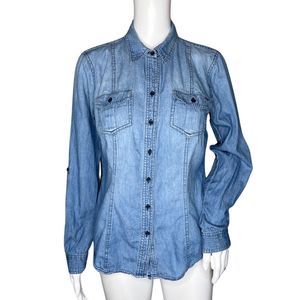Sandra Ingrish Shirt Womens Medium Blue Denim‎ Fitted Button Up Western Casual